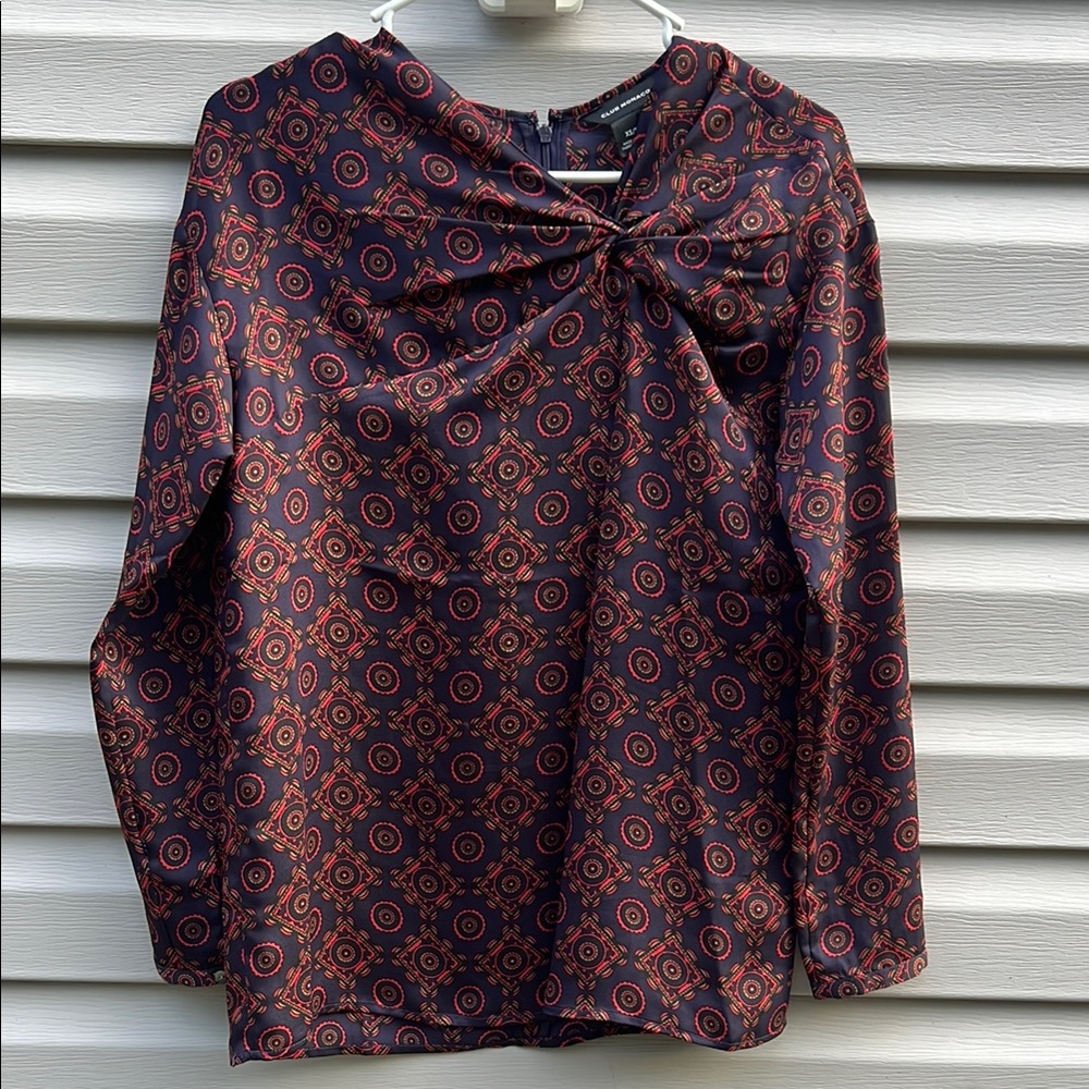 Club Monaco Navy‎ Blue Geometric Knot Neck Long Sleeve Blouse XS